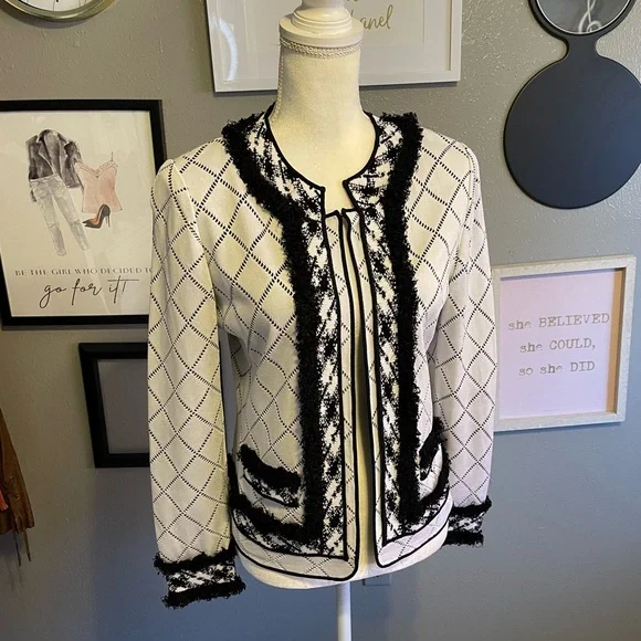 Ming Wang Black and White Diamond Patterned Fringe Jacket S - Picture 10 of 10